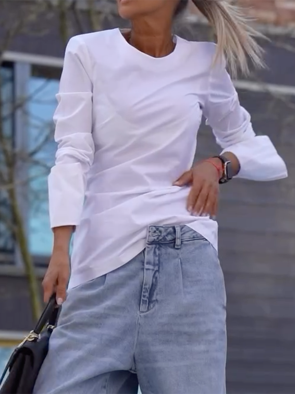 Relaxed Fit Long Sleeve Solid Color Round Neck T-Shirts
