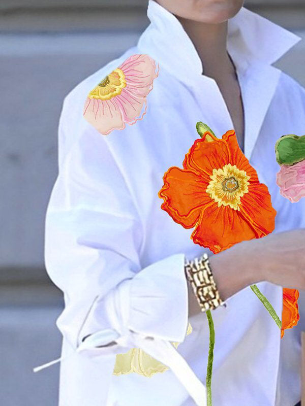 Flared Sleeve Floral Print Long Sleeve Blouse with Tied Stand Collar