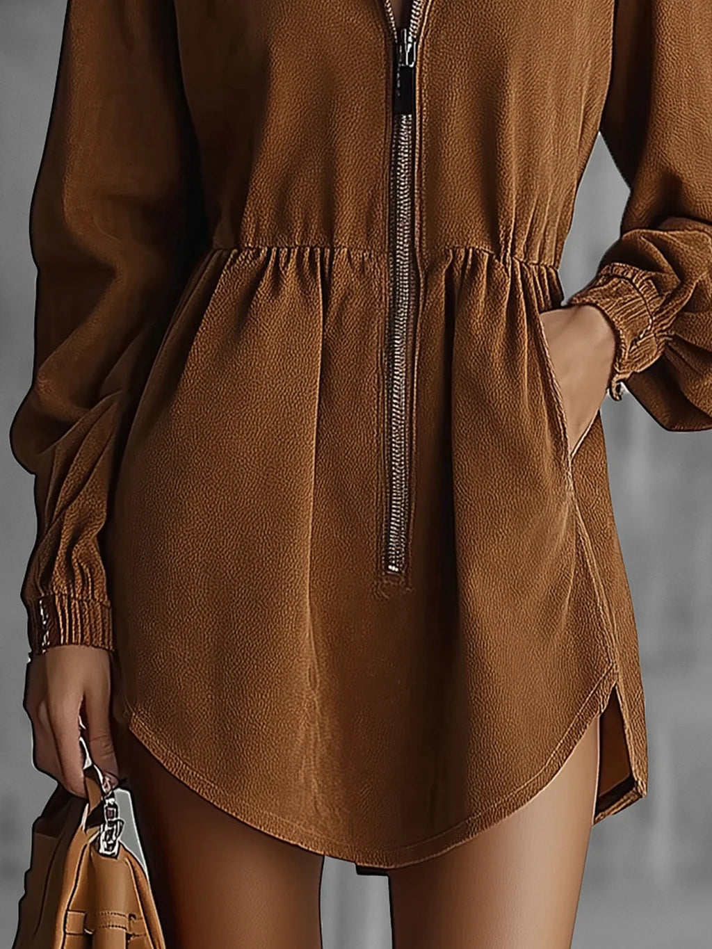 Brown Faux Suede Mini Dress with Zip-Up Closure