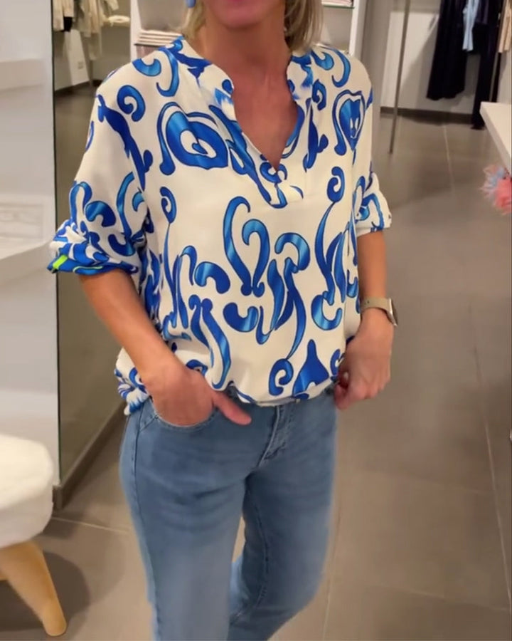 חולצה ארוכת שרוולים עם צווארון וי והדפסה אופנתית