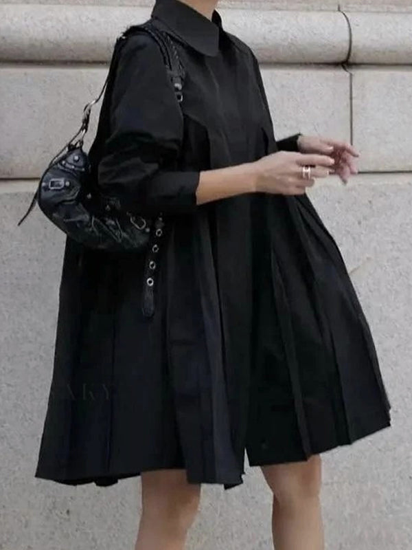 Button-Up Midi Dress with Long Sleeves, Pleated Design, and Solid Color Lapel