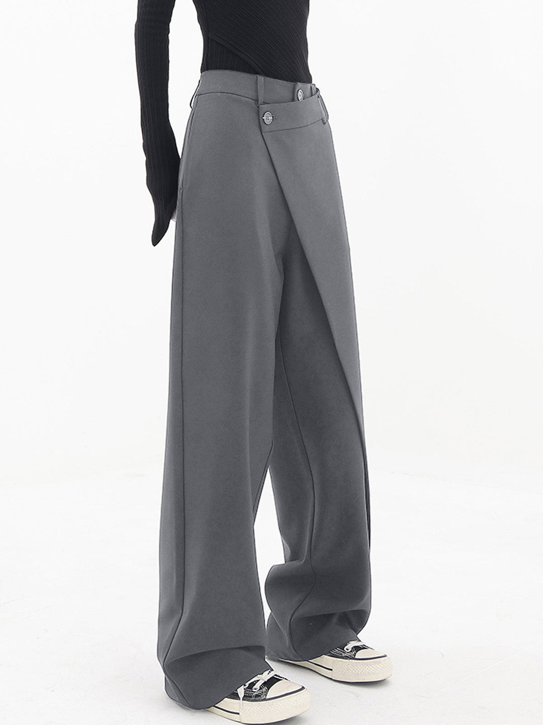 Asymmetrical Layered Button Detail Wide-Leg Baggy Pants
