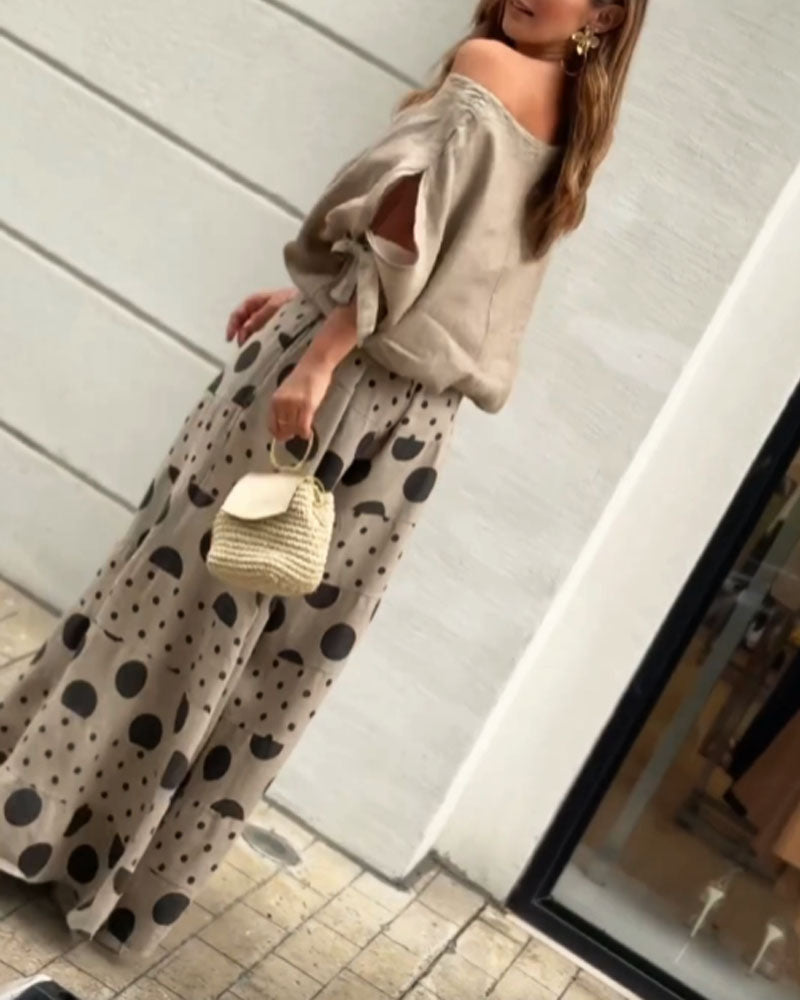 Relaxed Shoulder Top and Patterned Pants Two-Piece Outfit