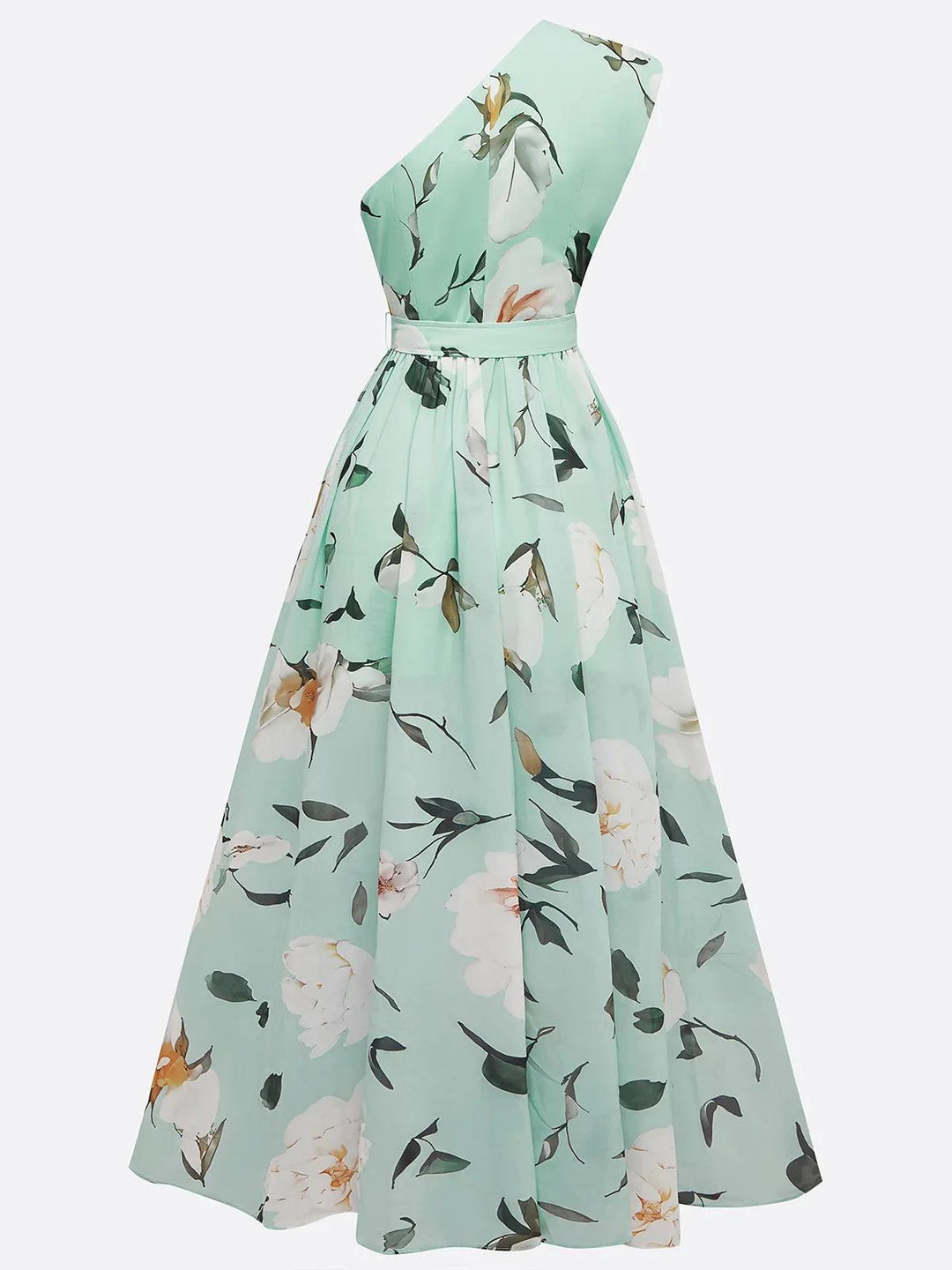 Light Green Floral One-Shoulder A-Line Maxi Dress with Ruched Details