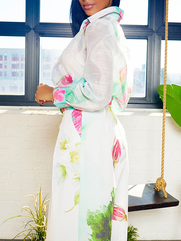 Floral Print Long Sleeve Sheer Gauze Blouse with Split-Joint Lapel