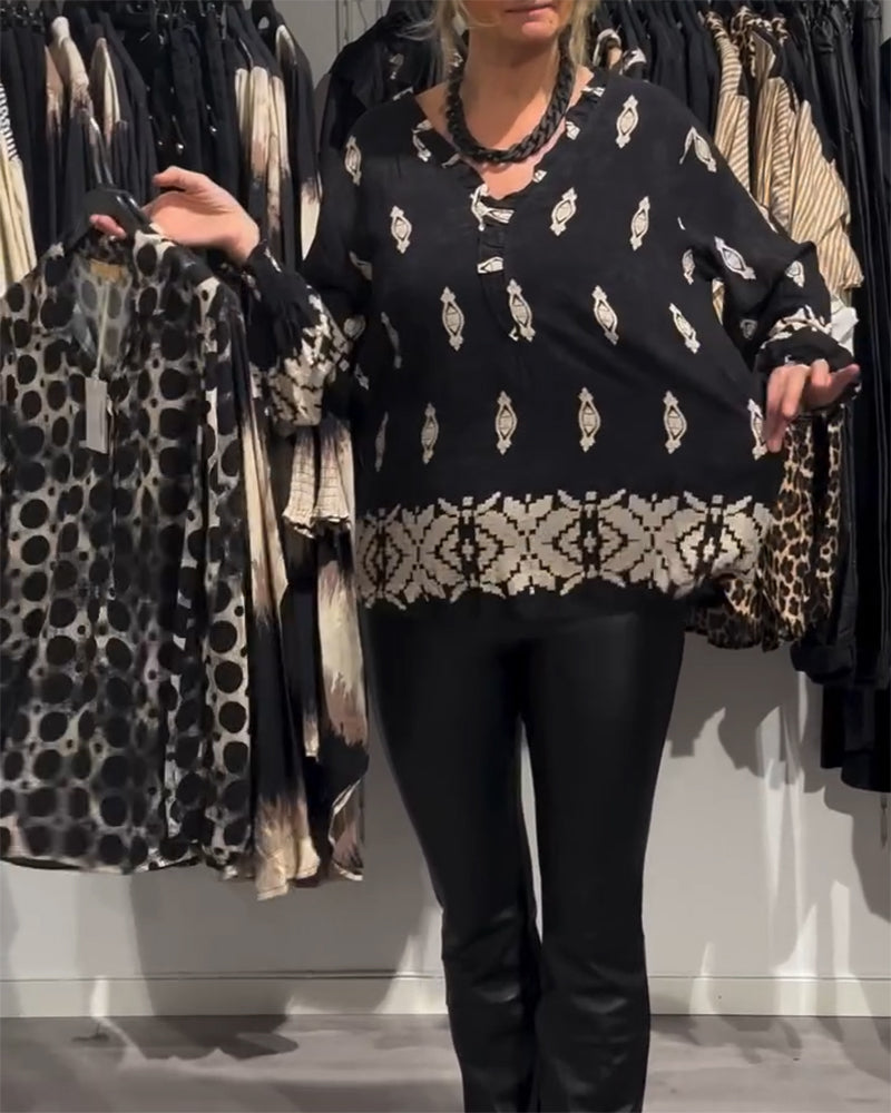 Printed V-Neck Shirt with Lantern Sleeves