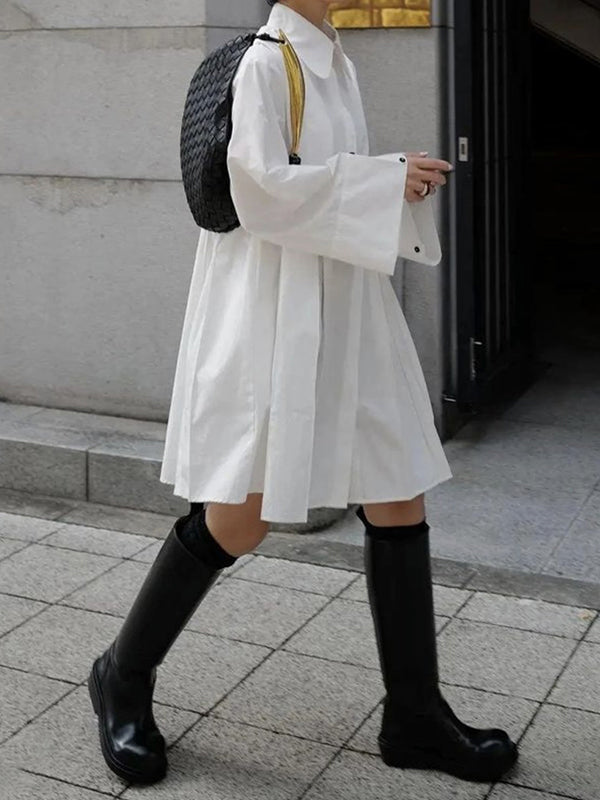 Button-Up Midi Dress with Long Sleeves, Pleated Design, and Solid Color Lapel