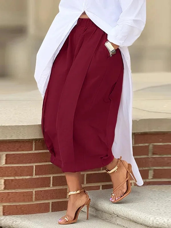 Relaxed Fit Wide Leg Pleated Pants with Pockets - Solid Color