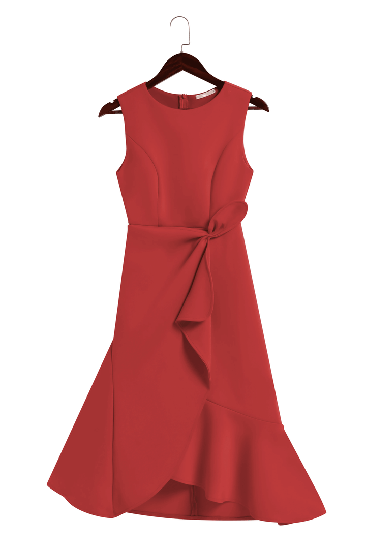 Elegant Red A-Line Midi Dress with Waist Twist - Perfect for Day to Night