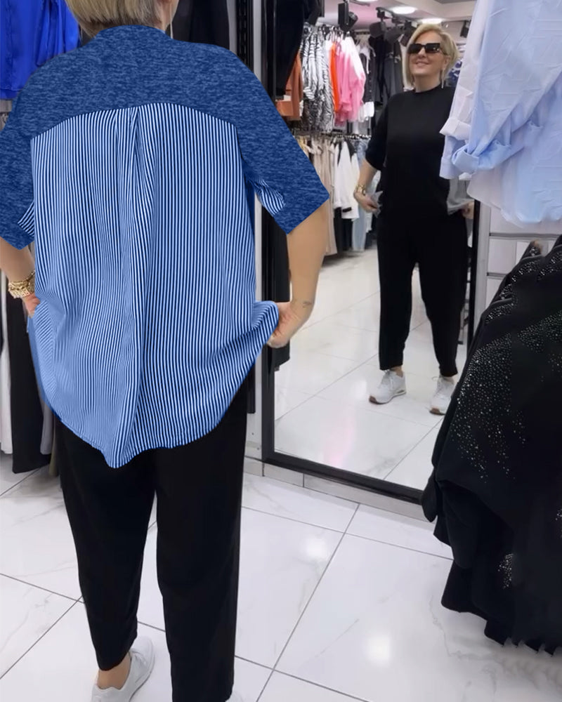 חולצה עם פסים דקים בגזרה נינוחה וטלאים