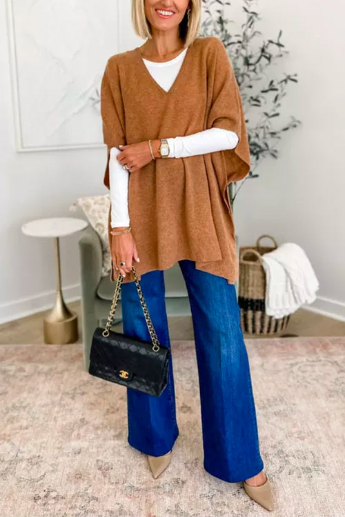 Stylish V-Neck Loose-Fit Solid Poncho Sweater
