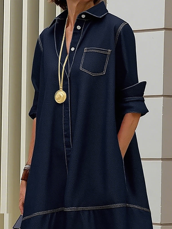 Solid Color Midi Dress with Long Sleeves, Loose Fit, Buttoned Pockets, and Lapel Collar