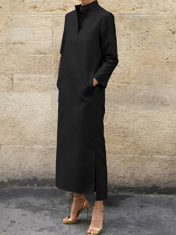 Loose-Fit Midi Dress with Long Sleeves, Solid Color, and Split-Side Hem