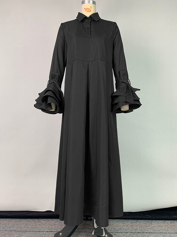 Maxi Shirt Dress with Flared Sleeves, Pleated Design, and Split-Joint Lapel