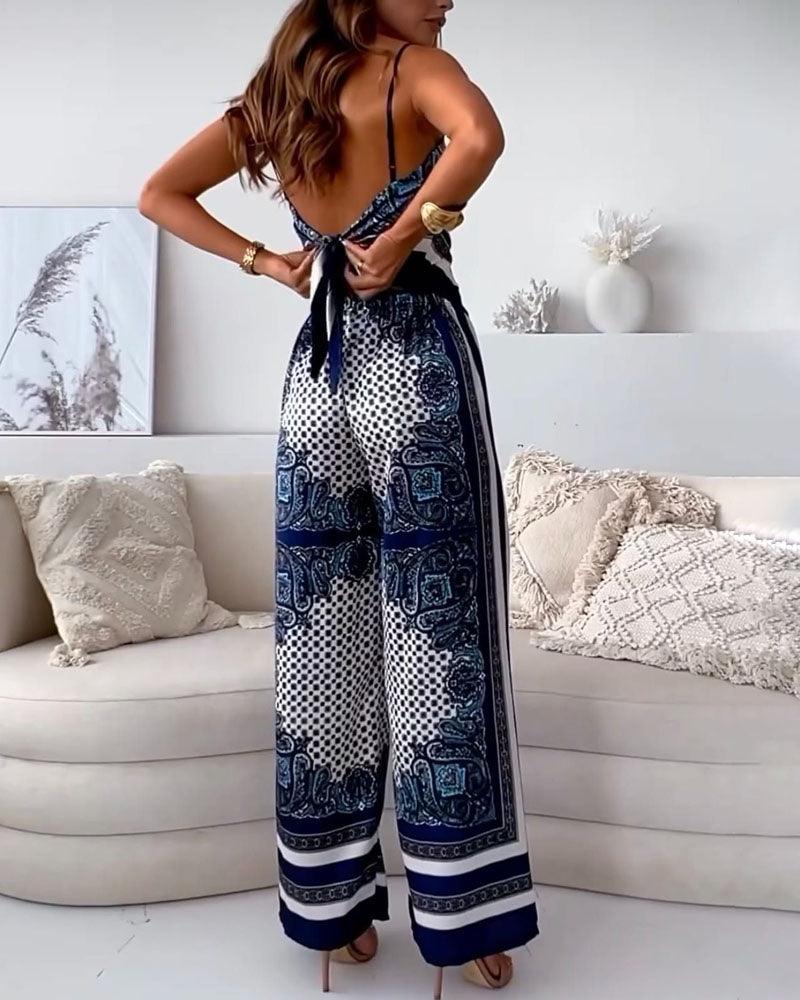 Chic Printed Lace-Up Vest and Pants Two-Piece Ensemble