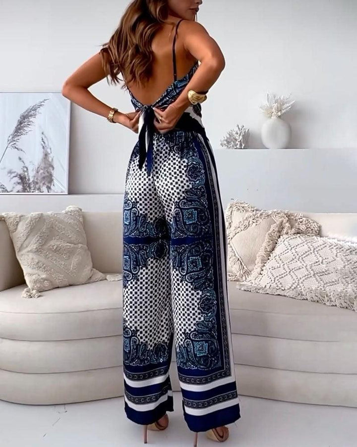 Chic Printed Lace-Up Vest and Pants Two-Piece Ensemble