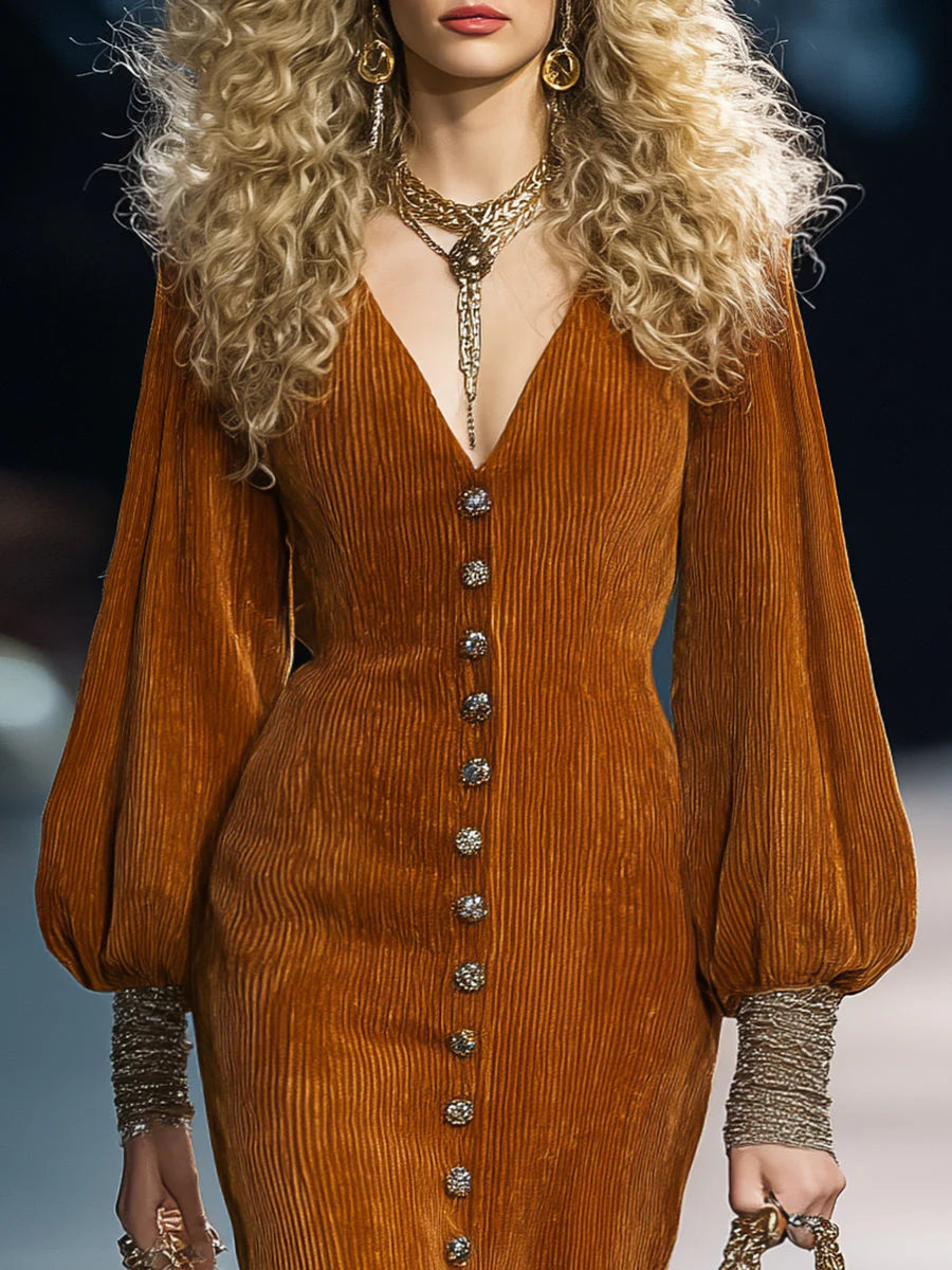 Retro Puff Sleeve Caramel Brown Corduroy Midi Dress with Button Details