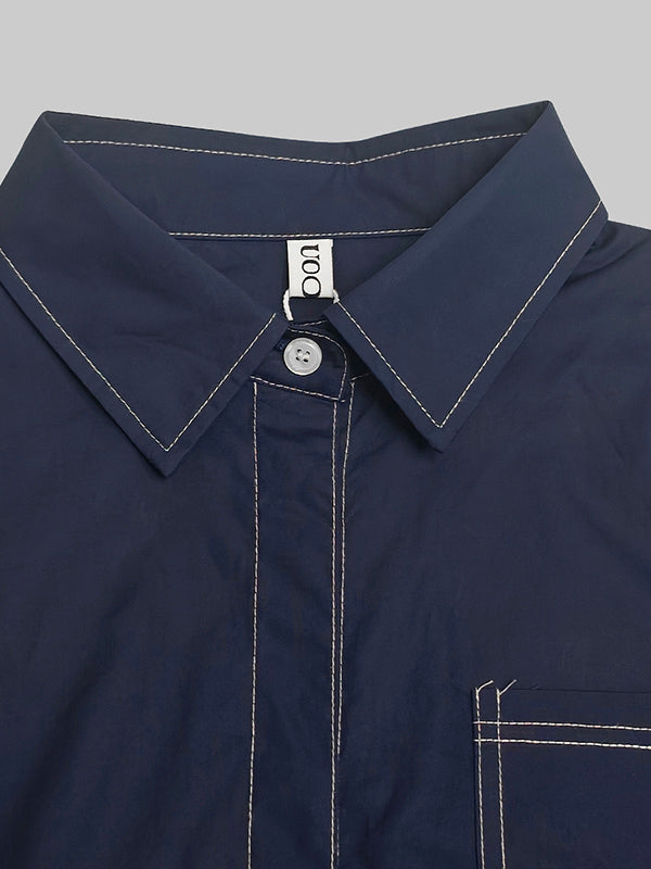 Solid Color Midi Dress with Long Sleeves, Loose Fit, Buttoned Pockets, and Lapel Collar