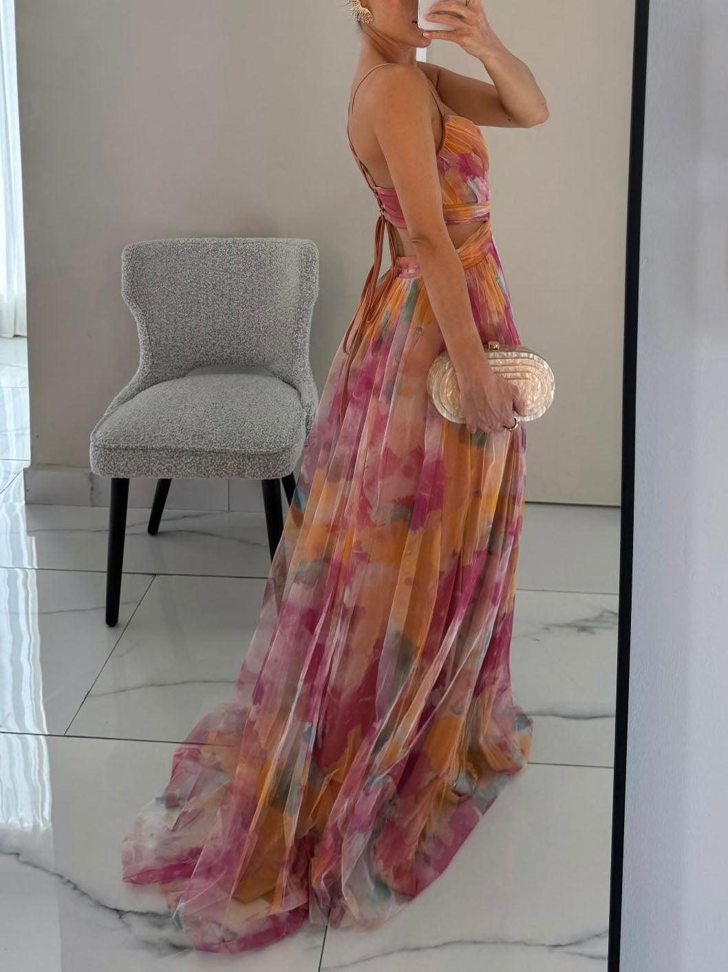 Chic V-Neck A-Line Maxi Dress with Elegant Floral Print