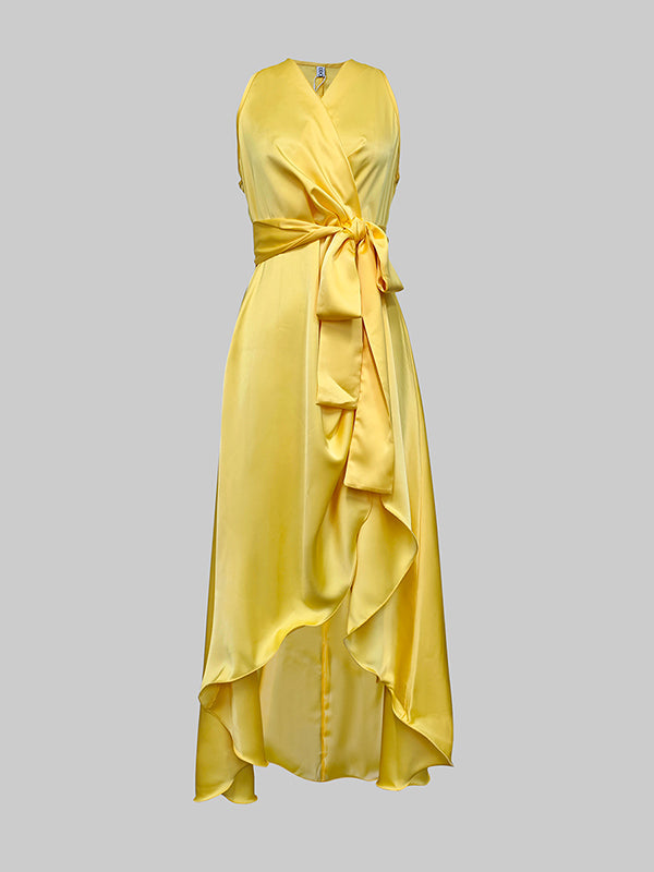 V-Neck Maxi Dress with Tied Waist and High-Low Ruffle Trim in Solid Colors