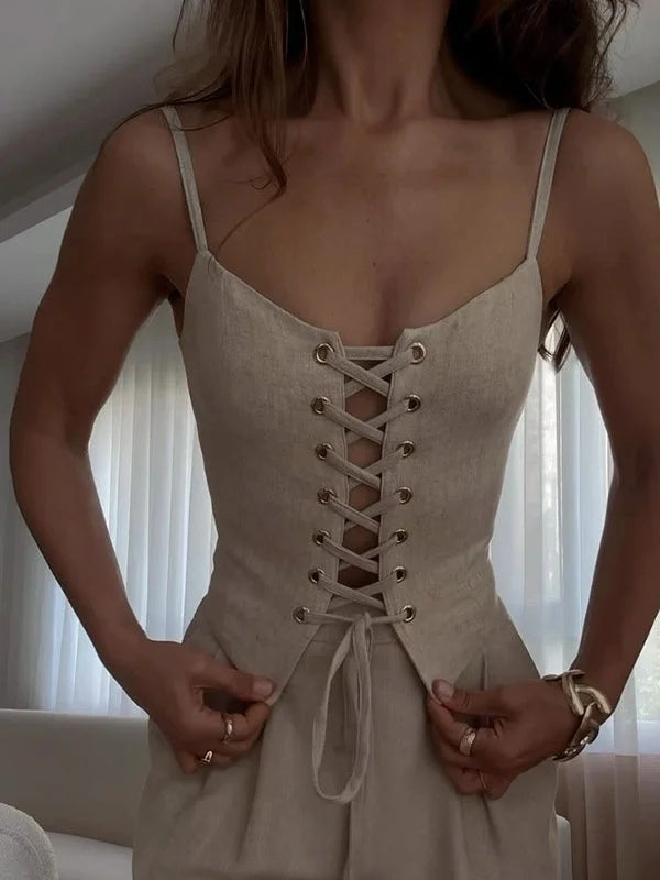 Two-Piece Set: Tie-Front Camisole in Linen Blend