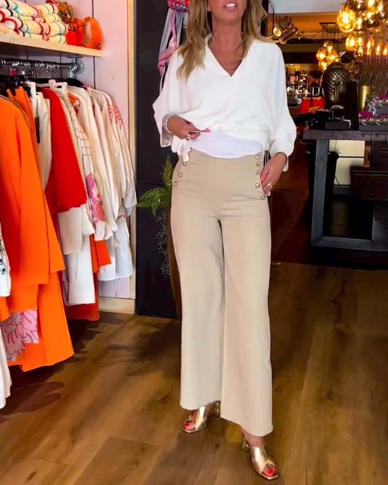 V-Neck Solid Color Blouse