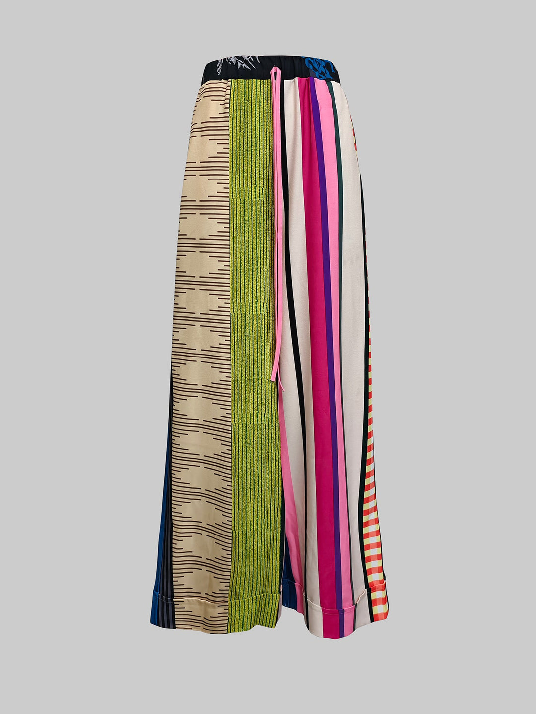 Casual Striped Wide Leg Pants with Contrast Color and Drawstring