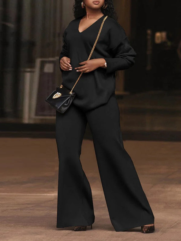 V-Neck Pullover with Long Sleeves in Solid Colors