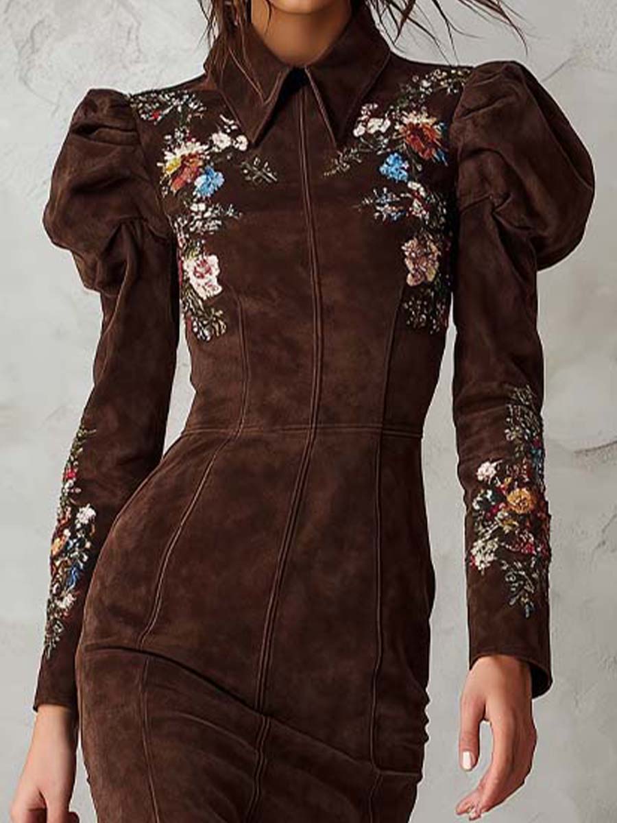 Embroidered Brown Suede Midi Dress with Puff Sleeves