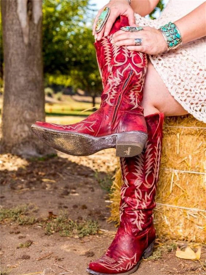 Retro Western Cowboy Knee-High Boots with Embroidery