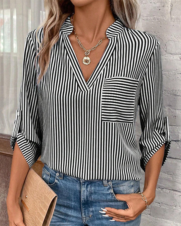 Striped Print V-Neck Casual Blouse