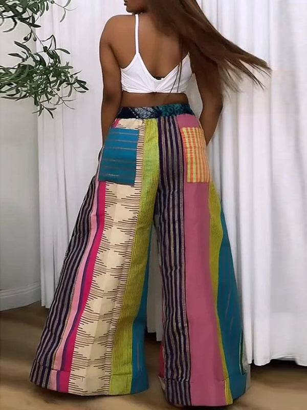 Casual Striped Wide Leg Pants with Contrast Color and Drawstring