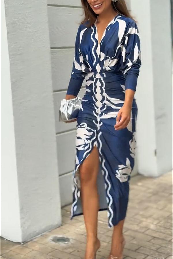 Distinctive Print Long Sleeve Ruched Midi Dress with Slit