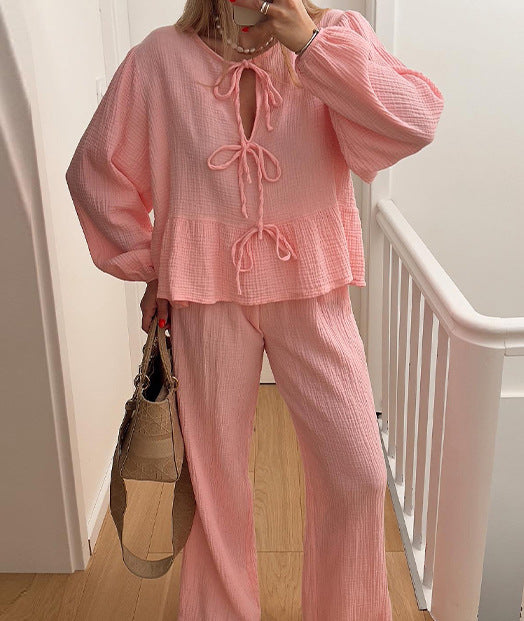 סט תואם של טופ ומכנסיים בצבע אחיד עם שרוכים