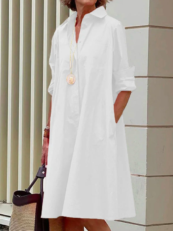 Classic Solid Color Midi Dress with Long Sleeves and Lapel Collar