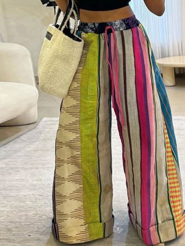 Casual Striped Wide Leg Pants with Contrast Color and Drawstring