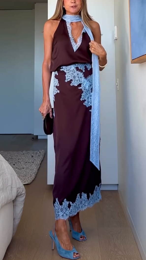 Chic Brown and Blue Lace Panel Top and Skirt Ensemble