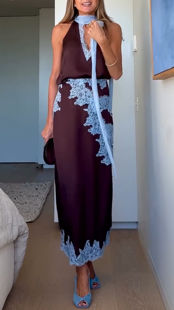 Chic Brown and Blue Lace Panel Top and Skirt Ensemble