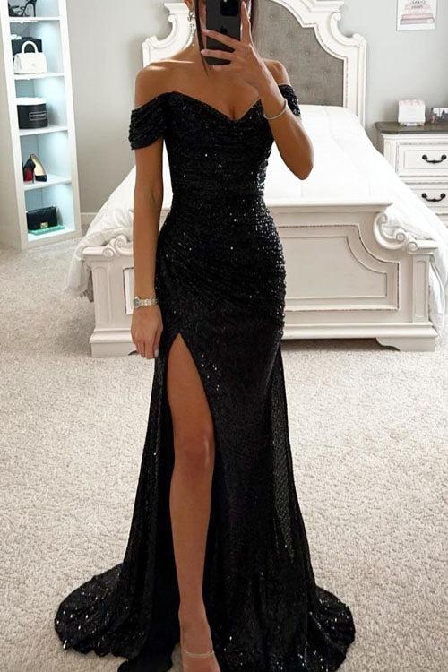 Off-Shoulder Sequin Slit Dress for Parties
