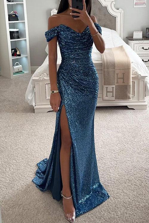 Off-Shoulder Sequin Slit Dress for Parties