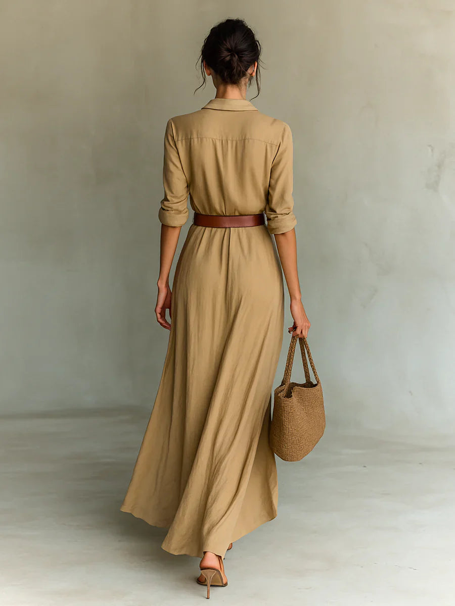 Women's Belted Maxi Dress with Lapel and Long Sleeves