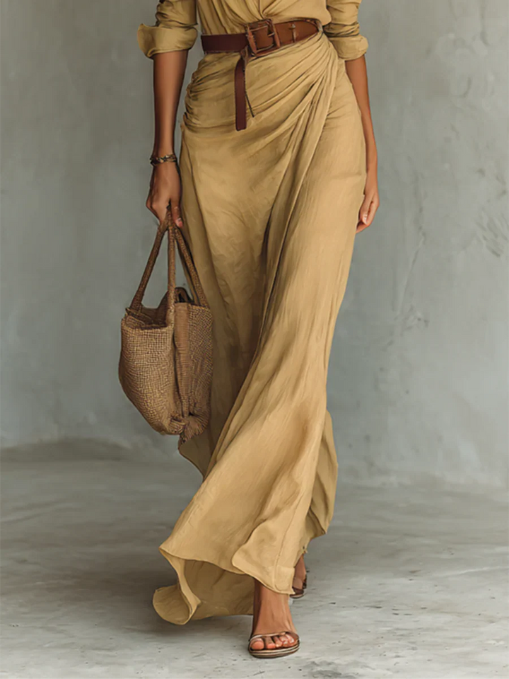 Women's Belted Maxi Dress with Lapel and Long Sleeves