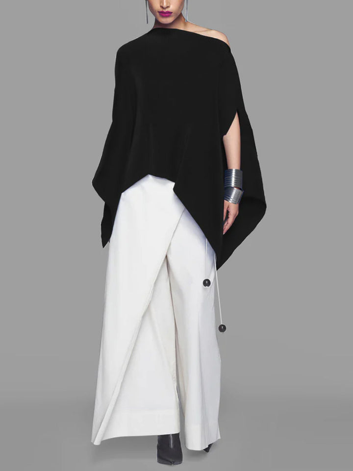One-Shoulder Blouse with Batwing Sleeves - Loose Fit, Asymmetric Solid Color Top