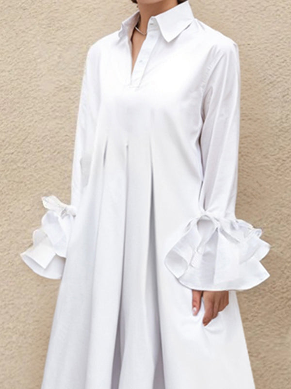 Maxi Shirt Dress with Flared Sleeves, Pleated Design, and Split-Joint Lapel