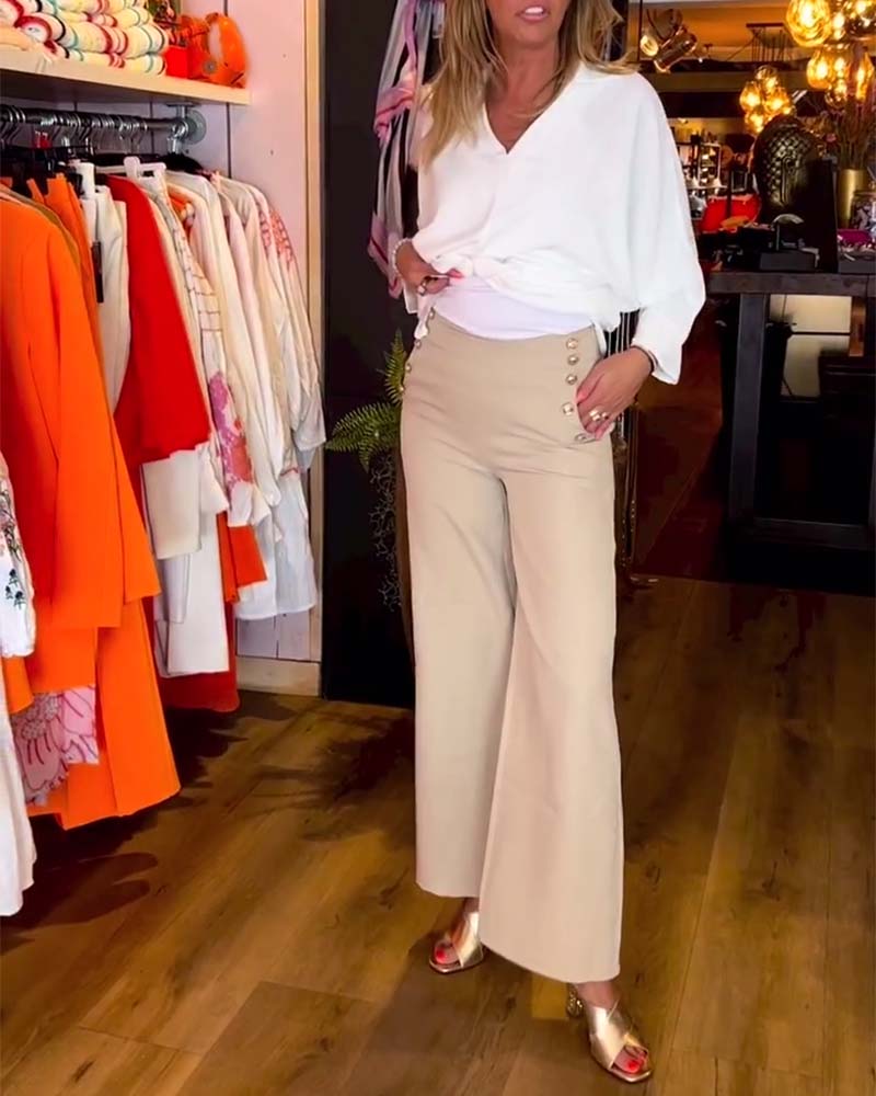 V-Neck Solid Color Blouse