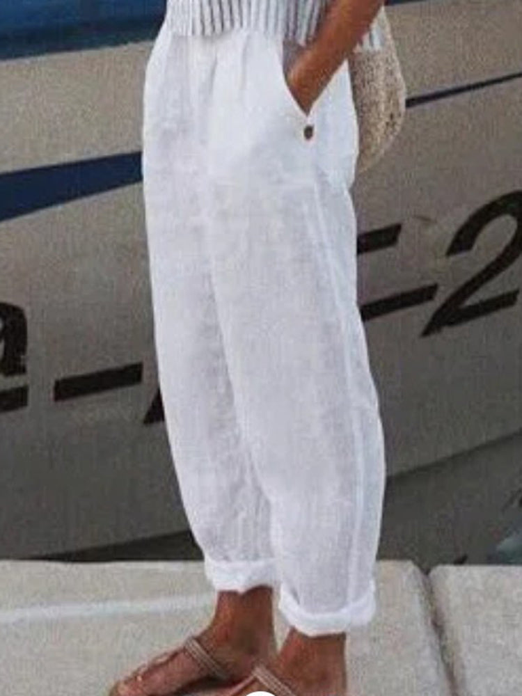 Solid Color Casual Cotton-Linen Blend Pants