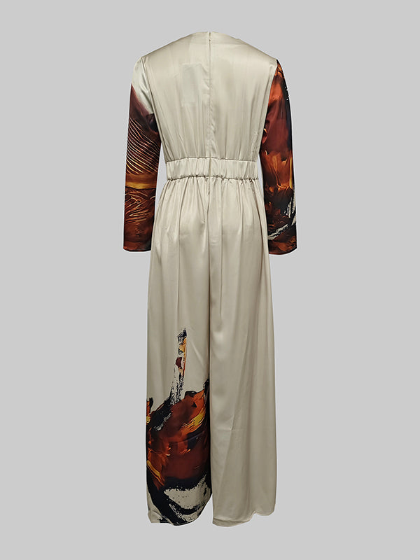 Floral Print Long Sleeve V-Neck Pleated Jumpsuit with Split Detail