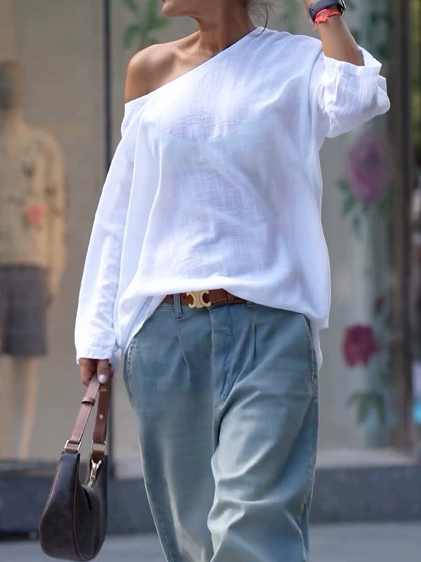 One-Shoulder Long Sleeve Loose Fit Solid Color T-Shirt