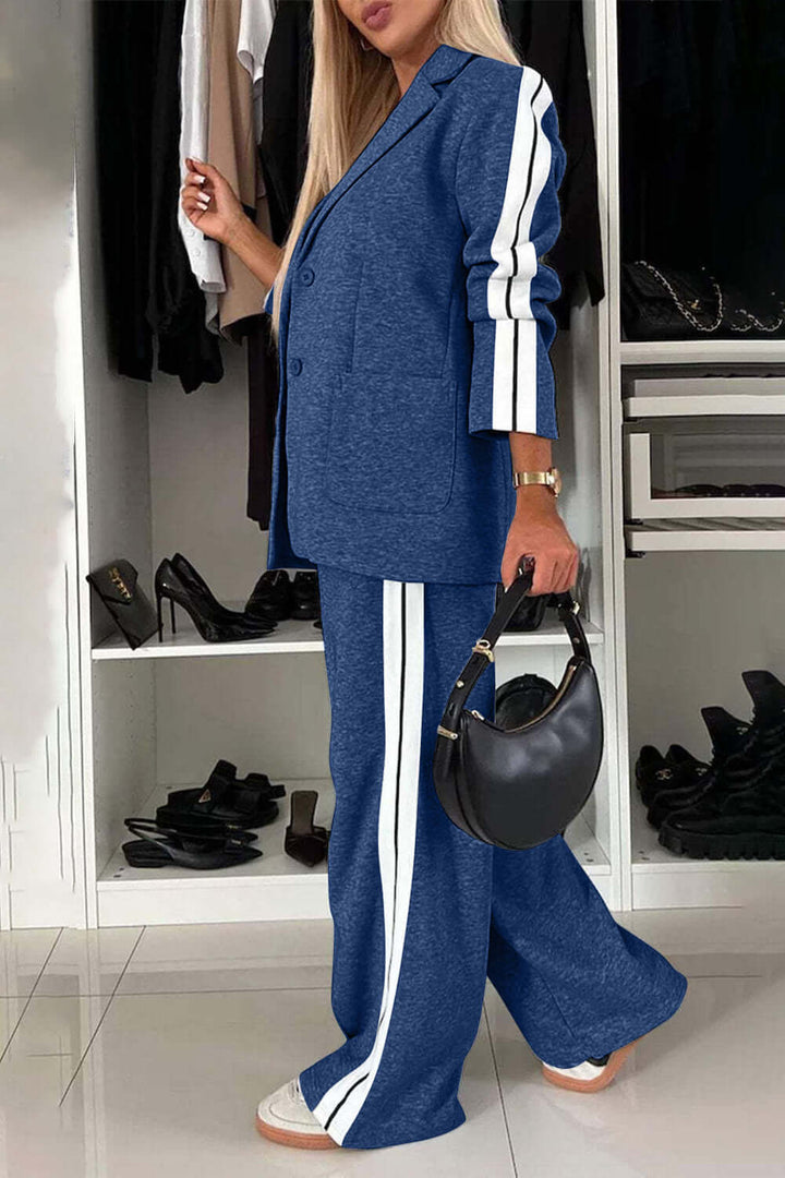 Two-Piece Set: Contrast Lapel Collar Top with Matching Pants