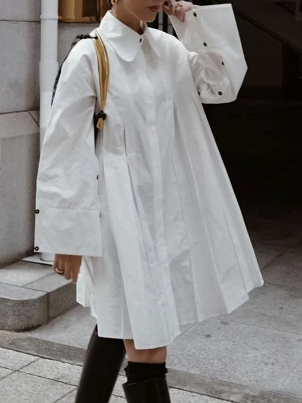 Button-Up Midi Dress with Long Sleeves, Pleated Design, and Solid Color Lapel